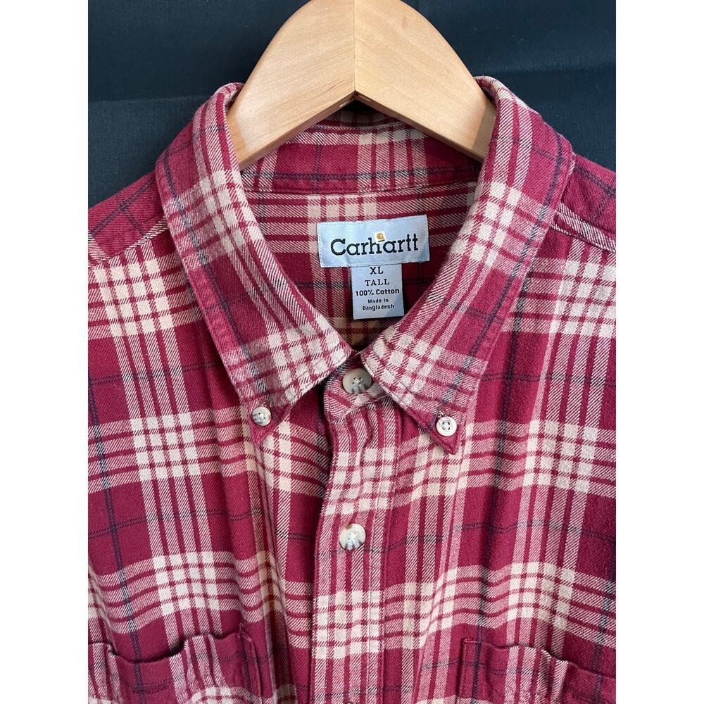 Carhartt XL Tall Plaid Flannel Shirt Red 100% Cotton Button Down Workwear